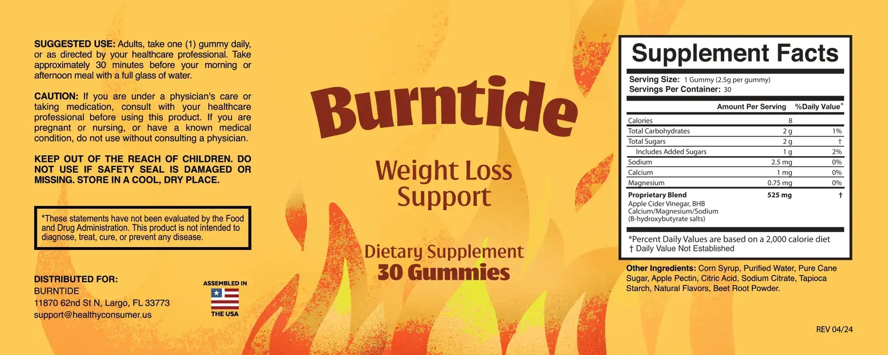 The full Burntide label, showing the suggested use block, the caution block, the storage warning and the Supplement Facts panel